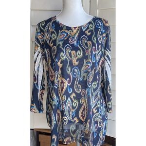 Jess & Jane 3/4 Sleeve Tunic Top with Chiffon Hem Women M Paisley‎ Bohemia USA